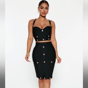 NWT Fashion Nova Bandage Skirt Set with gold buttons size M